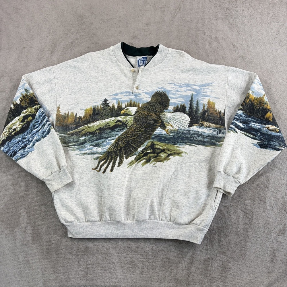 Vintage Art Unlimited Bald Eagle Sweatshirt Men 2XL Grey River Forest Nature USA
